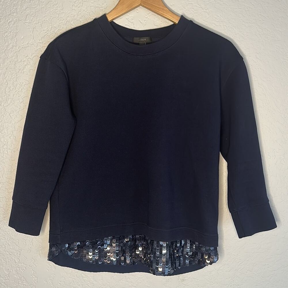 J. Crew Sequin Hem Navy Blue Sweatshirt Preppy Glam Twee Sporty Prep XS - Picture 5 of 6